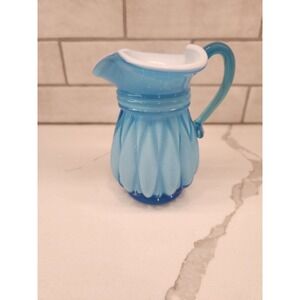 Vtg. Kanawha White Opalescent Cased Blue Art Glass Melon Pitcher 5.5 Inches High